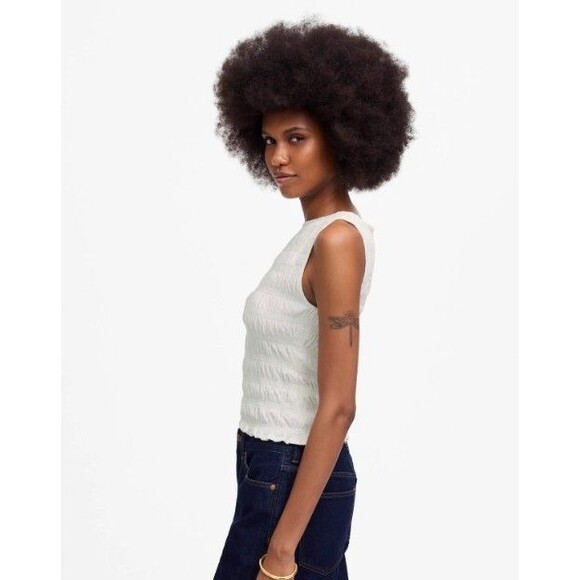 Madewell Smocked Boatneck Tank Top Women White Cotton-Linen Blend Size Med - Picture 3 of 11